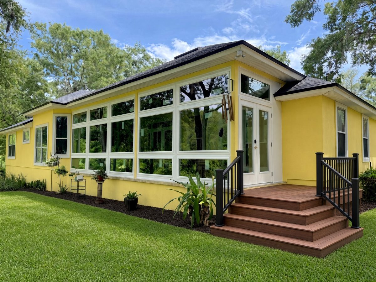 Sunroom addition with white-framed windows and French doors completed by Better Home Improvement in Green Cove Springs, FL